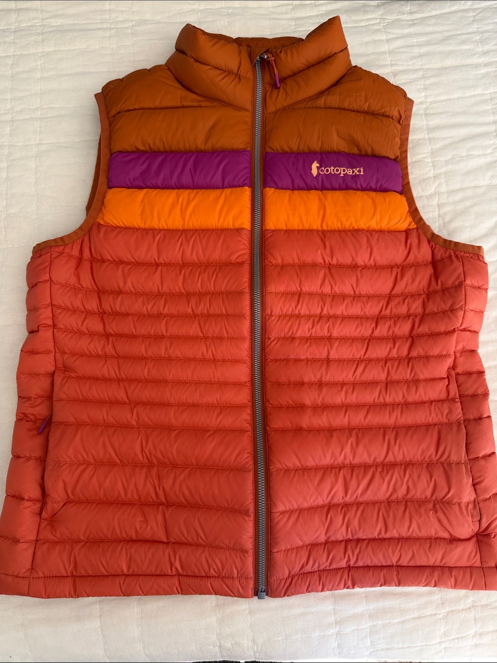 Cotopaxi Women's Fuego colorblock down vest - Rust, Orange & Purple